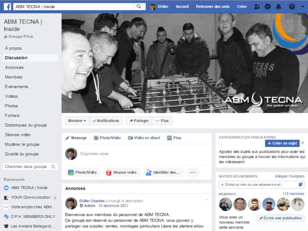 Groupe Facebook privé pour la communication interne ABM TECNA